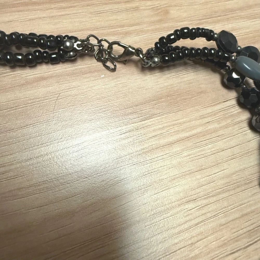 Black Grey Multi Strand Beaded Statement Necklace Layered Chunky Adjustable